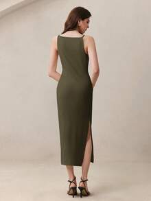 BizChic Women's Spaghetti Strap Ruched Waist Side Slit Dress, Suitable For Urban Commute, Business Casual, Office Wear, Elegant, Music Festival, Valentine's Day, Summer - Army Green - View 6