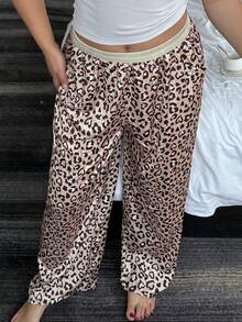 Dazy Plus Elastic Waist Contrast Color Leopard Print Loose Long Pajama Pants With Cute Bow Print - Brown - View 5