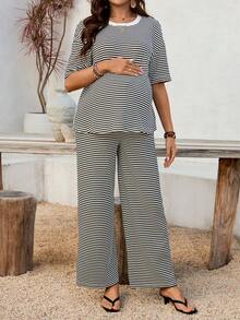 SHEIN 两件套孕妇条纹圆领落肩短袖上衣和可调节腰围休闲裤套装 - 黑與白 - 查看 5