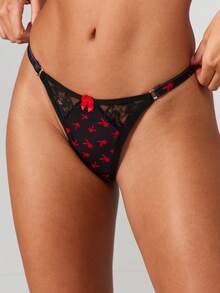 Missguided x Playboy 花卉蕾丝半罩杯文胸和丁字裤套装，饰有睫毛边和蝴蝶结细节，性感内衣 - 彩色 - 查看 6