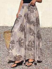 Livesso 宽松波西米亚几何图案休闲度假风棕色碎花A字长裙，女士春夏款 - 棕色 - 查看 1