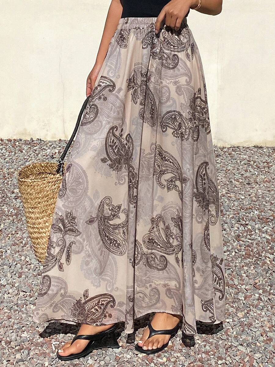 Livesso 宽松波西米亚几何图案休闲度假风棕色碎花A字长裙，女士春夏款 - 棕色 - 查看 1