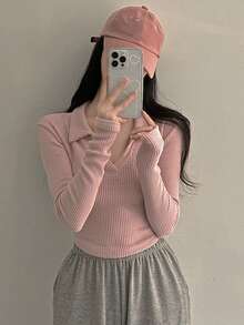 DAZY Áo thun nữ cổ lọ tay dài màu trơn, ôm sát, quần áo mùa thu, quần áo trở lại trường, quần áo mùa thu cho nữ - Hồng - Xem 2