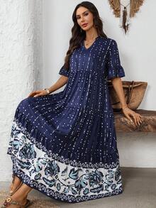 EMERY ROSE 女士度假休闲碎花V领短袖连衣裙 度假装扮 女士度假连衣裙 假日装扮 蓝色连衣裙 女士夏季连衣裙 外出装扮 - 彩色 - 查看 5