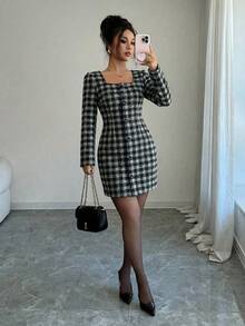 Elenzga 女士优雅复古黑咖啡格纹羊毛面料修身短款连衣裙，方领设计，秋冬款 - 黑與白 - 查看 6