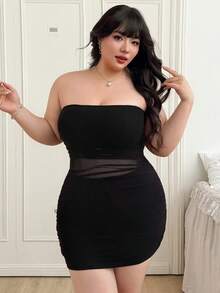 CovetEZ Plus Size Solid Color Mesh Patchwork Ruffle Fitted Mini Tube Dress, Spring/Summer - Black - View 5