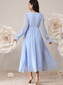 SHEIN 孕妇纯色腰带荷叶边袖口优雅派对长袖连衣裙 - 淺藍色 - 查看 8