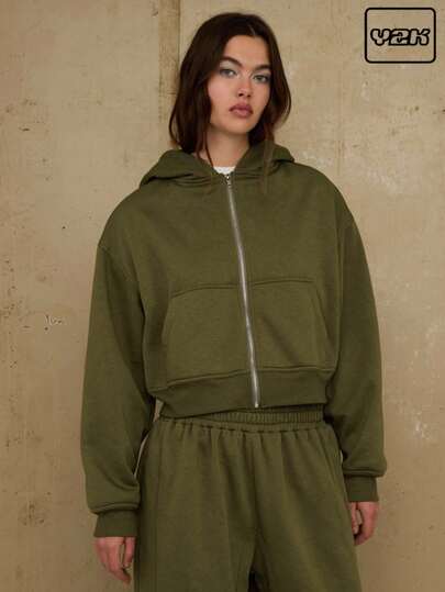 COUREZ 宽松拉链连帽衫/Y2K秋冬女装街头风绿色连帽衫舒适冬季套装女式卫衣外出服两件套新年