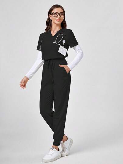 PopScrub 1 Set Solid Color Short Sleeve Top And Pants Scrub Uniform