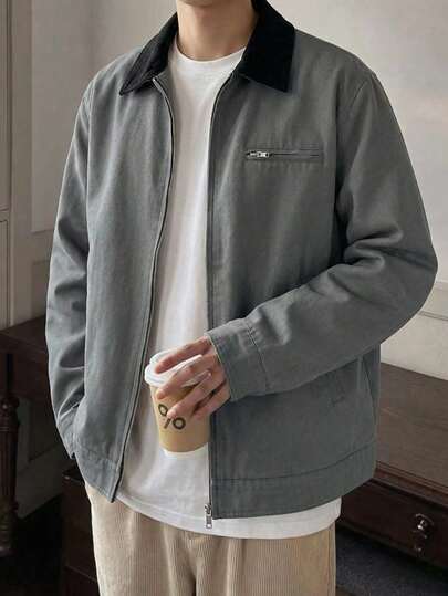 Manfinity Unisex เสื้อแจ็คเก็ตแขนยาวลำลองผู้ชาย ปกเสื้อสีตัดกัน ใส่ได้หลากหลายสไตล์สำหรับฤดูใบไม้ร่วง