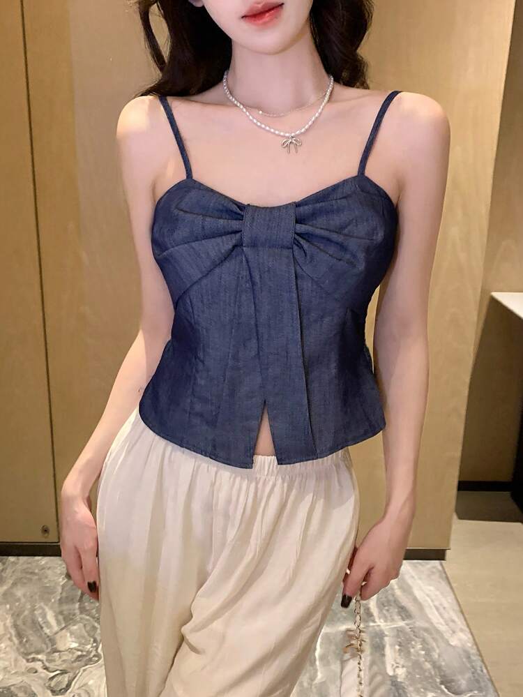 Women's Spaghetti Strap Bow Tie Camisole, Korean Style Denim Effect Summer Top