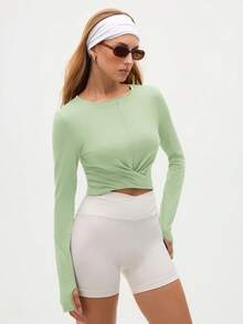 SHEIN Sports 女士休闲运动纯色长袖短款T恤 - 薄荷綠 - 查看 3