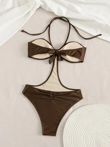 Swim Chiccia Traje de baño de una pieza elegante y sexy con espalda descubierta, plisado y trenzado en color marrón, adecuado para la playa, festivales de música, primavera/verano - Marrón - Ver 2