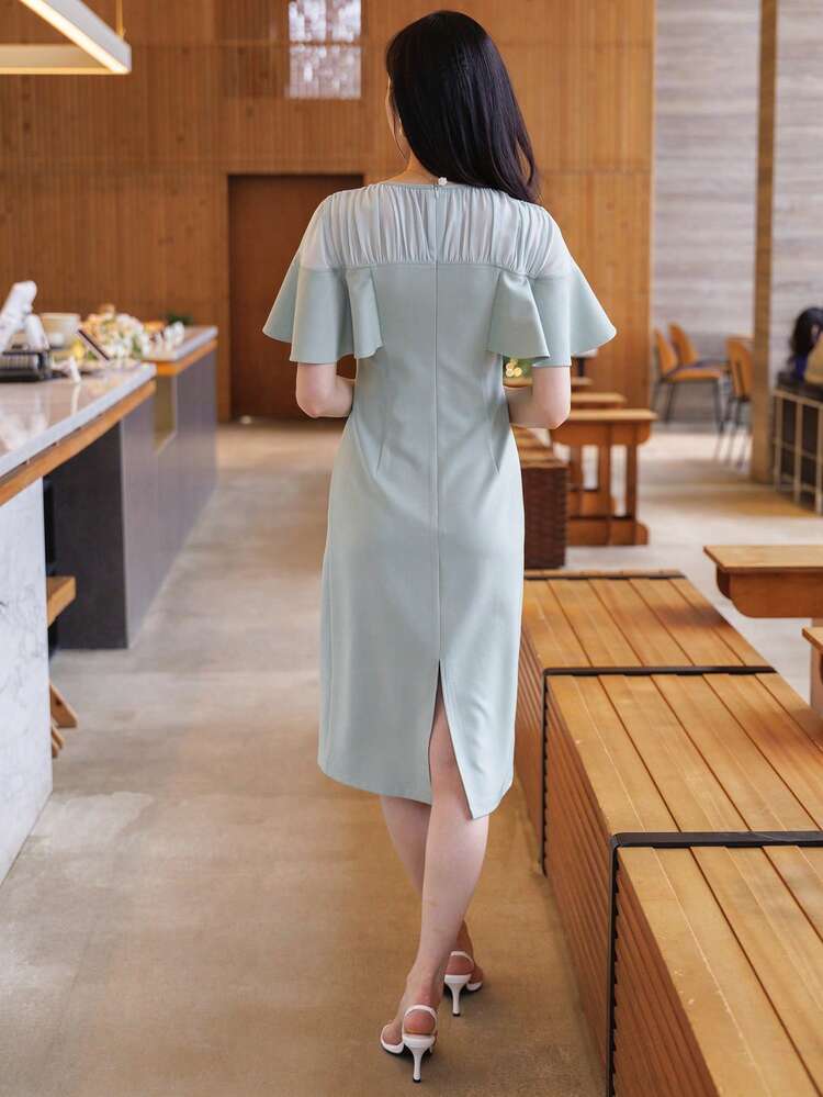 Women's Solid Color Round Neck Ruffle Sleeve Elegant Dress Sundress