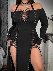 Whyspr Plus Size Women's Fashionable Sexy Halter Neck Slit Tie-Up Dress - Black - View 7