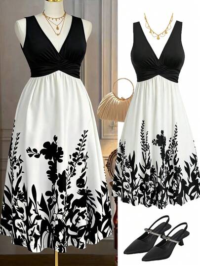 Rometta Plus Size Black V-Neck Waist Pleated Knit Dress