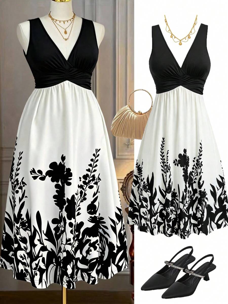 Rometta Große Größen Schwarz V-Ausschnitt Taille Plissee Strickkleid - Schwarz - Übersicht 1