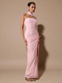 SHEIN BAE 纯粉色无肩带无袖修身褶皱优雅高开衩长裙，适合浪漫约会、派对、正式聚会、伴娘礼服、女士夏季连衣裙、下午茶派对连衣裙、新年、情人节、生日礼服、粉色连衣裙、休闲连衣裙、夏季连衣裙 - 粉色 - 查看 5