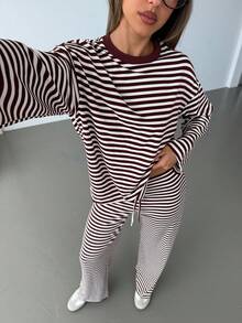 Aloruh 女士红白条纹长袖宽松T恤和宽松直筒超低腰条纹长裤两件套，秋冬款 - 彩色 - 查看 2