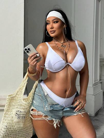 Slaydiva Sexig bikini i enfärgat set för kvinnor, sommarstrand