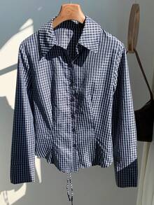 Comfortcana Women's Autumn New Pink Striped Tie-Waist Fitted Long Sleeve Shirt - Blue - View 4