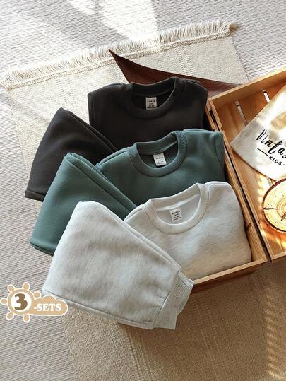 Vintaside Kids Babyboy A Six-Pieces Set Of Green, Light Gray And Carbon Gray Three-Color, Thin Fleece Warm Round-Neck Long-Sleeved Sweatshirt Paired With Tapered Long Pants For Autumn And Winter.