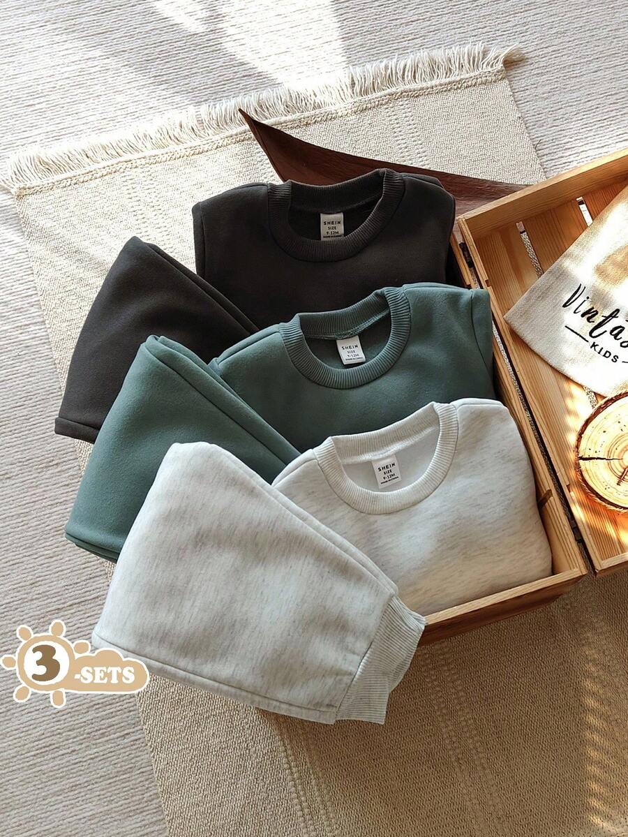 Vintaside Kids مجموعة من ست قطع من البلوزة الرياضية ذات الرقبة المستديرة والأكمام الطويلة من الفليس الرقيق بثلاثة ألوان: الأخضر والرمادي الفاتح والرمادي الكربوني، مقترنة بسراويل طويلة ضيقة مناسبة للخريف والشتاء للأطفال الصغار. - متعدد الألوان - مشاهدة 1