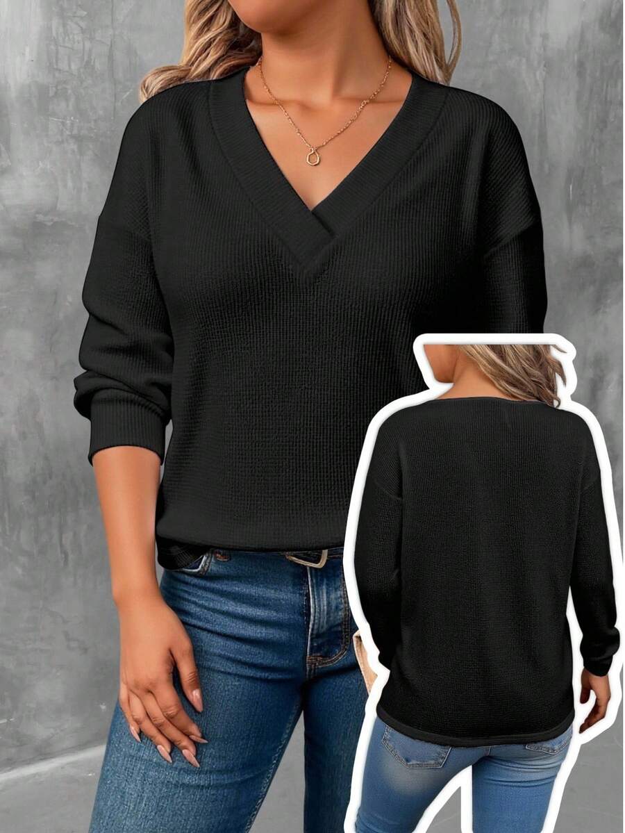 EMERY ROSE Plus Size Women Black Fashionable Printed Long Sleeve T-Shirt Fall - Multicolor - View 1