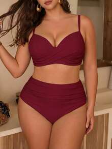 Swim Chiccia 大码女式两件套纯色加厚时尚简约分体泳衣套装 - 酒紅色 - 查看 3