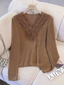 Franclia Women's Lace Collar Layering Long Sleeve T-Shirt - Coffee Brown - View 4