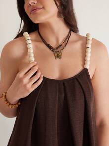 SHEIN VCAY Đầm slip dáng rộng có túi, dây đeo đính hạt, thích hợp cho nữ, mùa hè, đi nghỉ mát. - Cà phê nâu - Xem 2