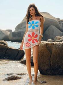 Swim Chiccia Women White Floral Summer Boho Mini Dress,Colorful Hollow Out Mesh Knit Tube Beach Cover Up For Pool Party,Holiday,Music Festival&Vacation - Multicolor - View 2