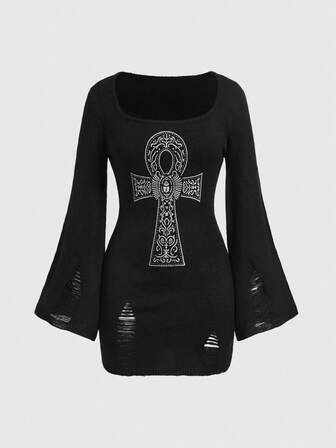 Goth Women's Cross Print Vintage Style U-Neck Bodycon Flare Sleeve Knit Dress