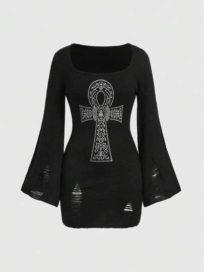 Goth Women's Cross Print Vintage Style U-Neck Bodycon Flare Sleeve Knit Dress