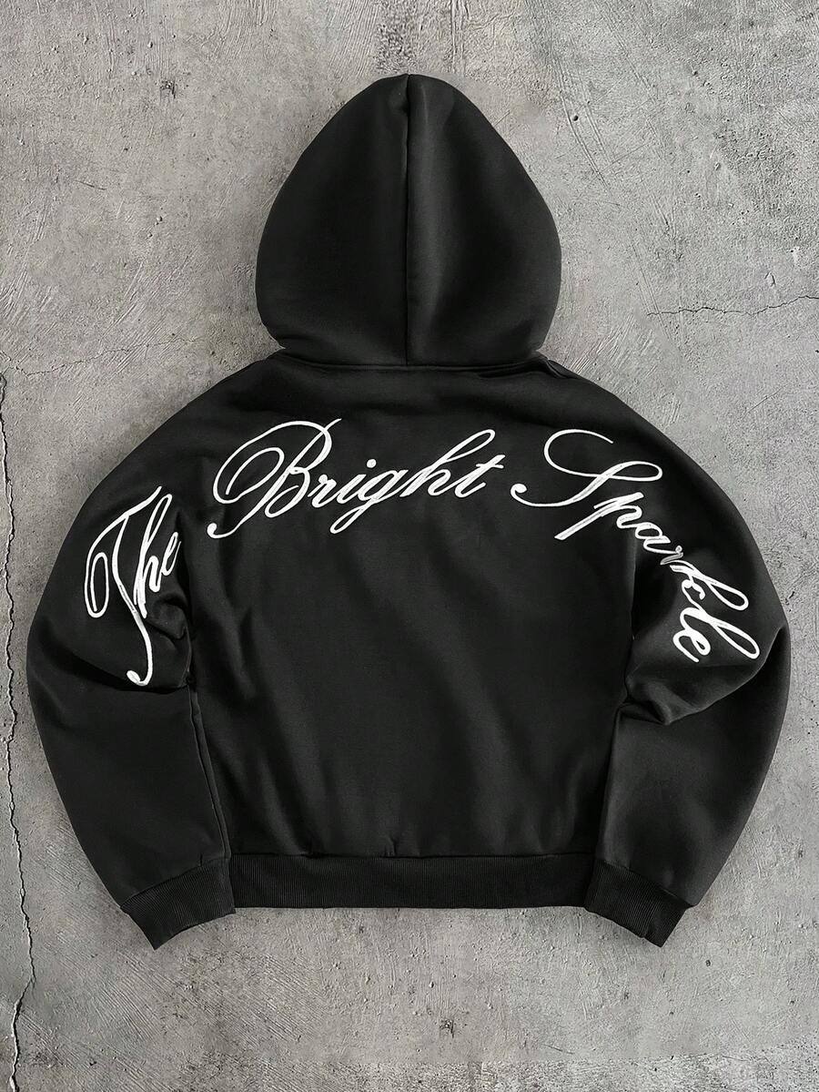 AXEPEAK 男士字母印花长袖拉链休闲连帽衫 - 黑色 - 查看 1