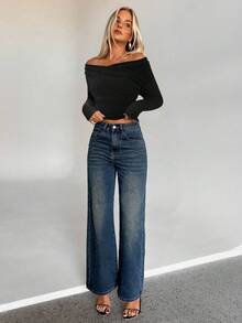 Aloruh Áo len dài tay khoét vai lông giả màu cà phê - màu đen - Xem 3