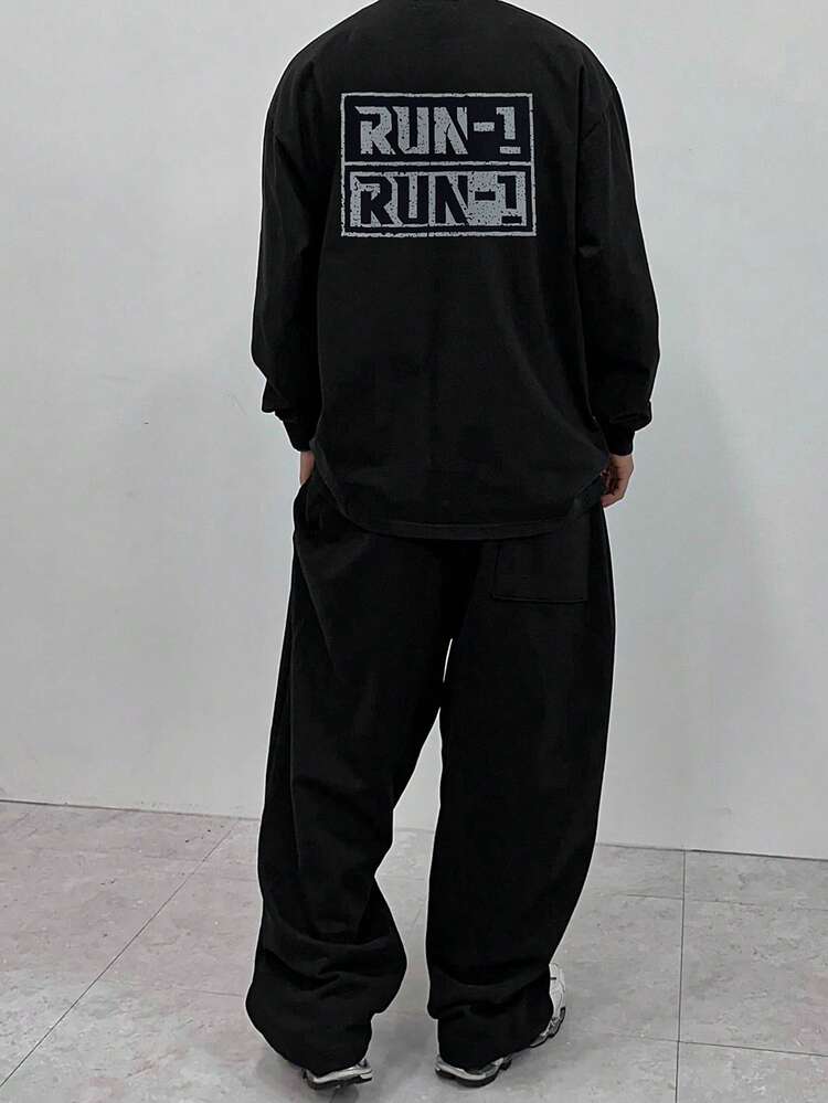 Men's Distressed Letter Print Black T-Shirt, Autumn
