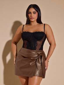 SHEIN BAE Váy da PU thắt nút đơn giản, đa năng, màu trơn, thời trang dành cho nữ cỡ lớn khi đi làm - màu nâu - Xem 4