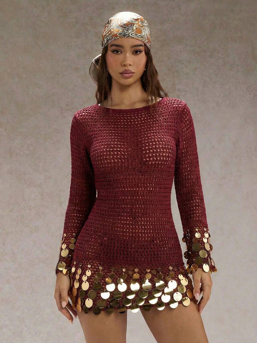 SHEIN Glamour 女士亮片针织连衣裙,长袖,镂空 - 酒紅色 - 查看 1
