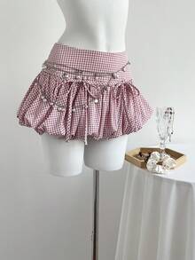 Elamini Cute Bow Tie Plaid A-Line Peplum Skirt, Low Waist Bubble Hem Skirt