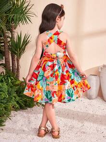 Travachic KIDS Travachic KIDS Young Girl Woven Tropical Plant Print Bowknot Decor Elastic Waist Short Dress, Holiday Style Printed Spaghetti Strap Dress,For Summer Beach Vacation,Mom And Daughter & Sisters Matching Style Matching ,Matching Family Vacation , Holidays - Multicolor - View 3