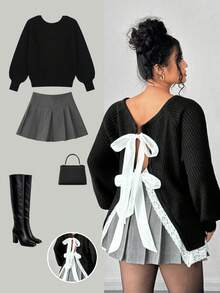 SHEIN Clasi Suéter holgado de manga larga con parches de encaje y lazo elegante para mujer de talla grande, abrigo casual, Navidad, invitado de boda - Negro - Ver 7