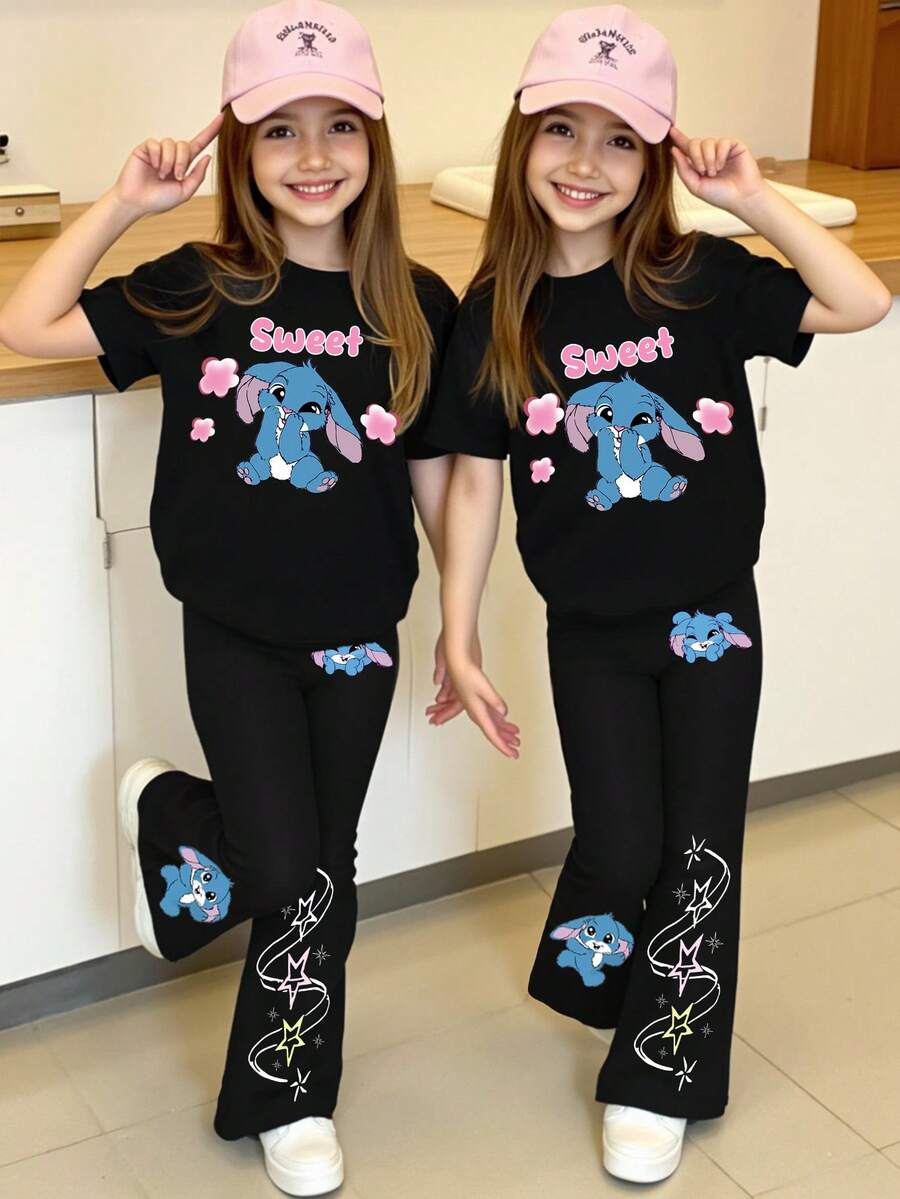 两件套女童休闲时尚可爱卡通蓝色太空图案印花短袖上衣和阔腿裤套装 - 黑色 - 查看 1