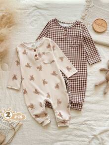 Vintaside Kids 2pcs Newborn Casual Cute Bear & Plaid Print Long Sleeve Romper, Suitable For Spring, Summer, Autumn, Winter, Home, Outdoor, Daily Wear