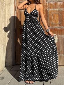 Sunnyshic Women's Black Polka Dot Deep V-Neck Halter Backless Tie Waist Maxi Dress, Sexy & Elegant European Style, Suitable For Spring/Summer Beach Vacation - Black - View 3