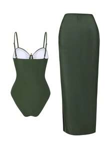 Swim Oasis 2件套女士夏季纯色吊带海星装饰长款连衣裙高衩连体泳衣套装 - 軍綠色 - 查看 3