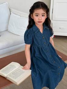 Đầm denim trơn màu, cổ bẻ, kiểu Hàn Quốc, đa năng dành cho bé gái. - Màu xanh lam - Xem 7