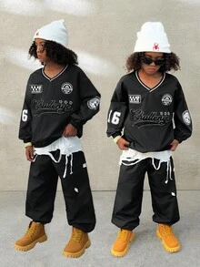 Coolane Kids Tween Boys Fall/Winter Streetwear Graphics Black V-Neck Sweatshirt & Parachute Pants Suit Set,2pcs, Kids Jogger Sets, Boys Autumn Winter Casual Two Piece Set - Black - View 6