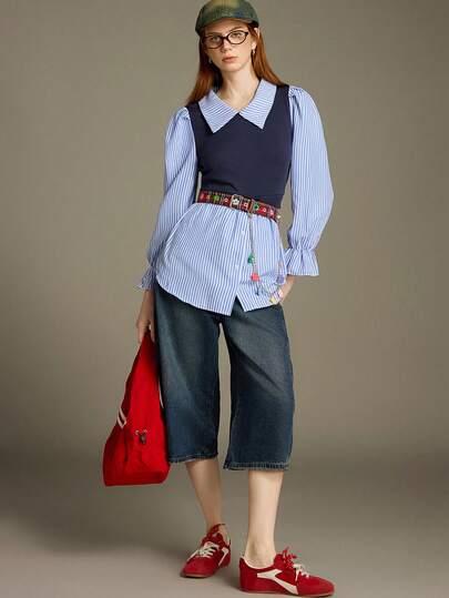 Elnivra Preppy Style Y2K Women's Striped Patchwork Collared Flare Sleeve Casual Shirt With Navy Vest 2 In 1 Design, Spring/Summer