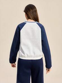 Exploreva Women Multicolor Colorblock V Neck Regular Length Knitted Fabric Sports Sweatshirt With Extra Long Sleeve - Multicolor - View 3